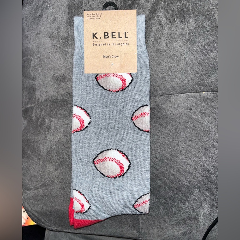 🆕 K Bell Grey dress socks with sport baseballs pattern